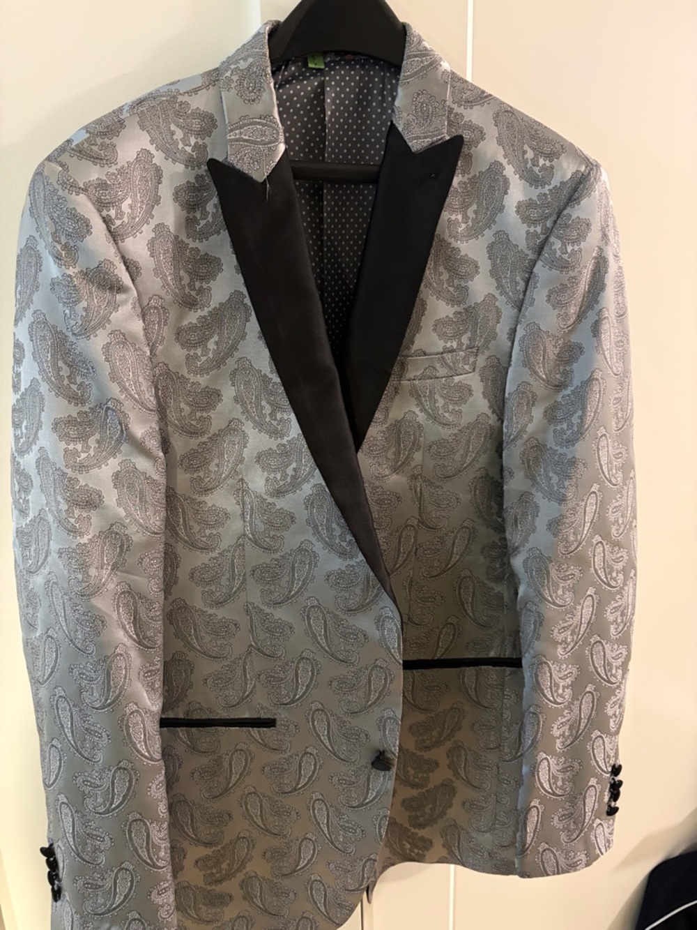 Macy's Silver Paisley Dinner Blazer with Black Shawl Lapel